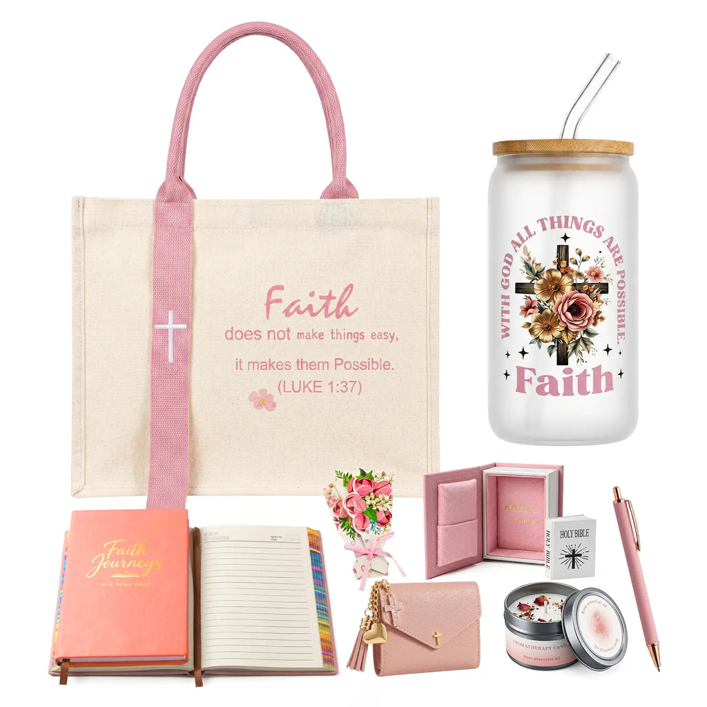 Women'S Faith & Work Gift Set — Includes: Canvas Tote Bag, Water Bottle/Throw Blanket, Notebook, Card Holder, Aromatherapy Item, and Mini Bible.,Can Be Used as Birthday, Christmas, Mother'S Day, Valentine'S Day Gifts for Family, Friends