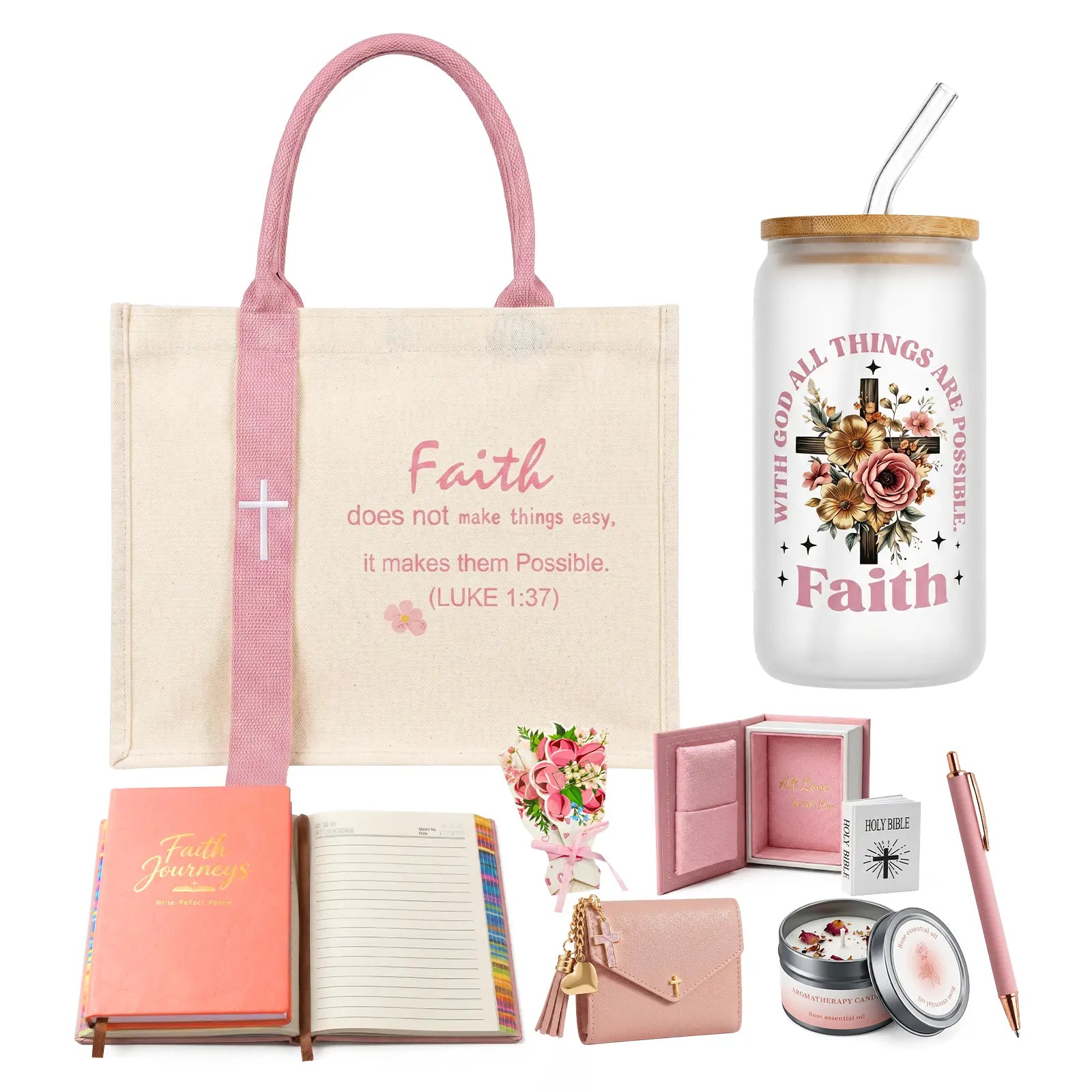 Women'S Faith & Work Gift Set — Includes: Canvas Tote Bag, Water Bottle/Throw Blanket, Notebook, Card Holder, Aromatherapy Item, and Mini Bible.,Can Be Used as Birthday, Christmas, Mother'S Day, Valentine'S Day Gifts for Family, Friends