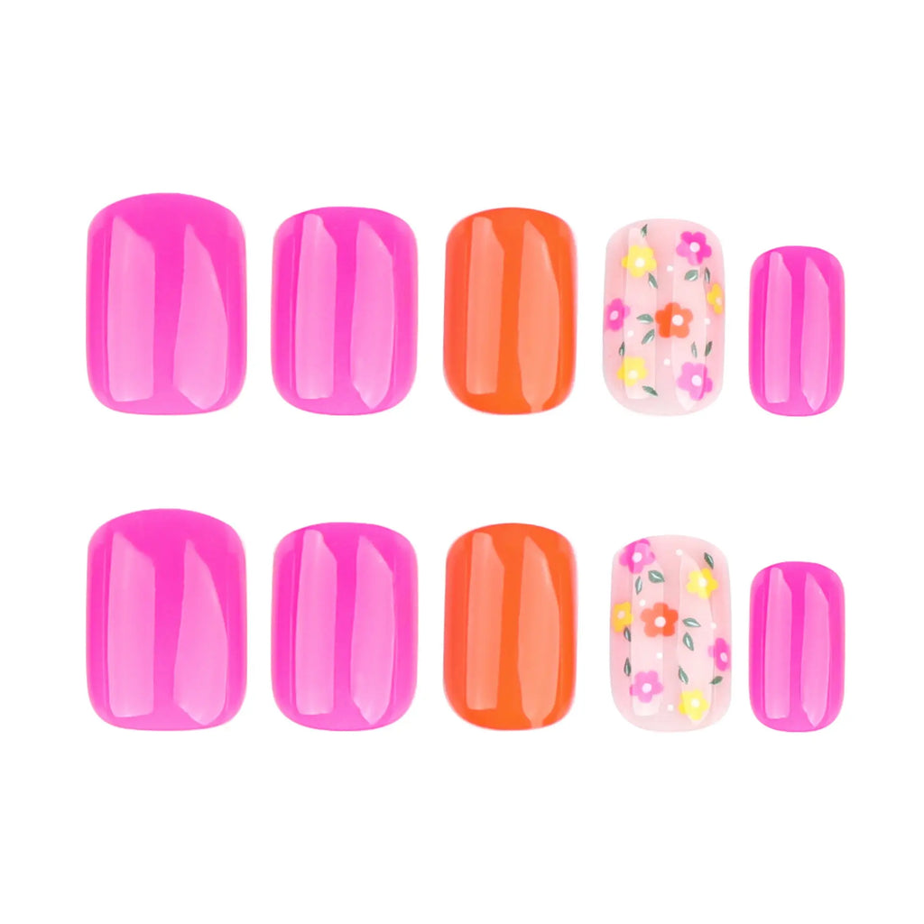 24Pcs Short Square Colorful Flower Press-On Nails, Salon Quality Nails, Easy to Apply, Durable, Daily, Party, Creative Nail Art, Includes Jelly Glue and File
