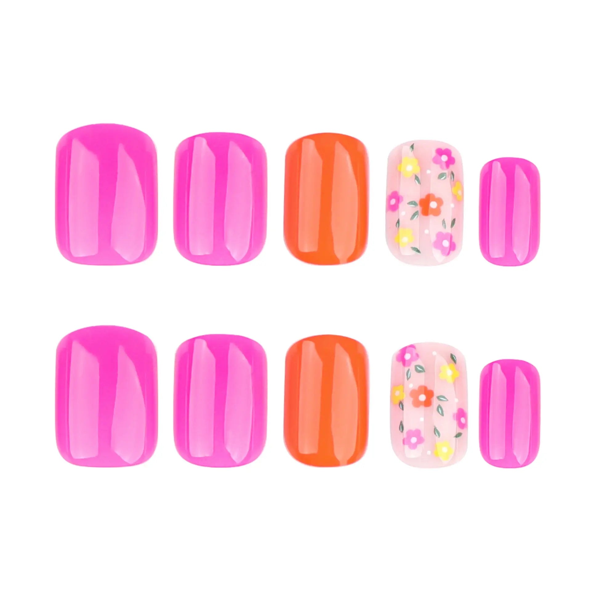 24Pcs Short Square Colorful Flower Press-On Nails, Salon Quality Nails, Easy to Apply, Durable, Daily, Party, Creative Nail Art, Includes Jelly Glue and File