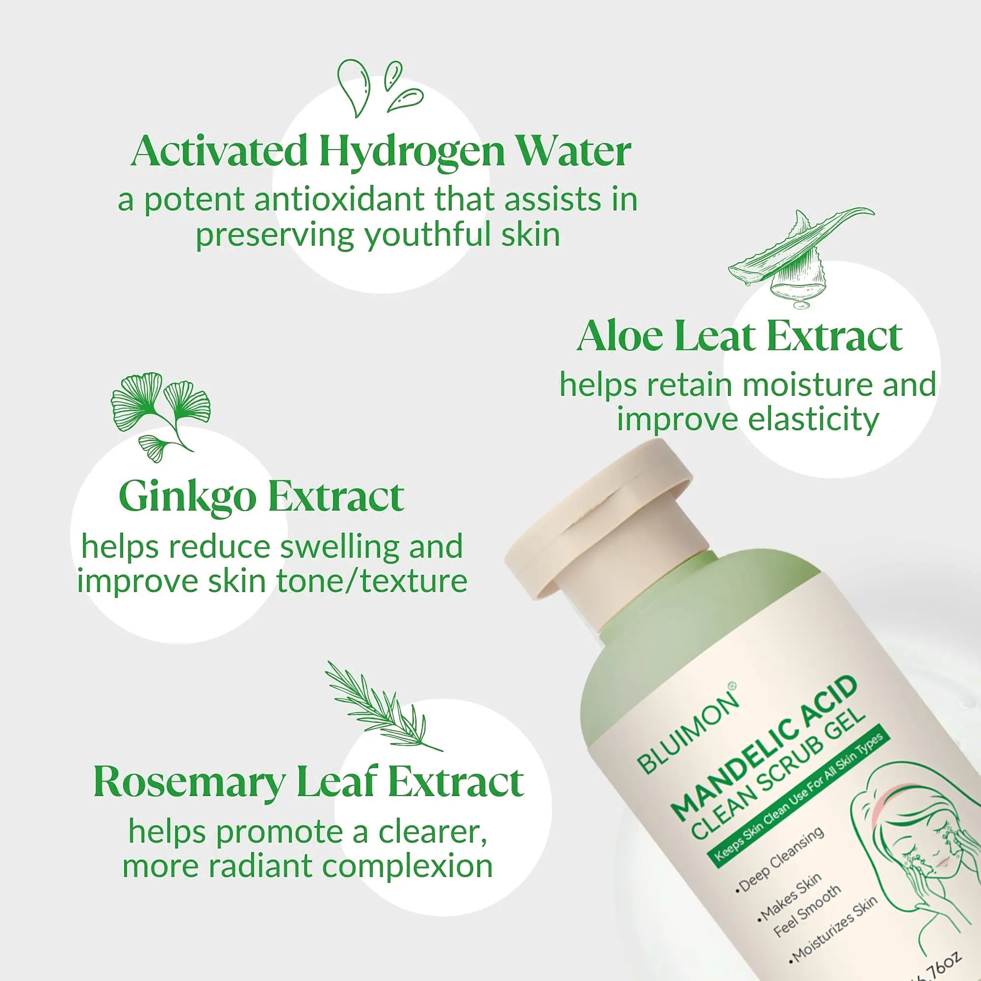 Bluimon Collagen Boosting Exfoliating Gel Positively Radiant Skin Brightening Daily Facial Scrub with Moisture-Rich Plant Extract 6.76 Oz