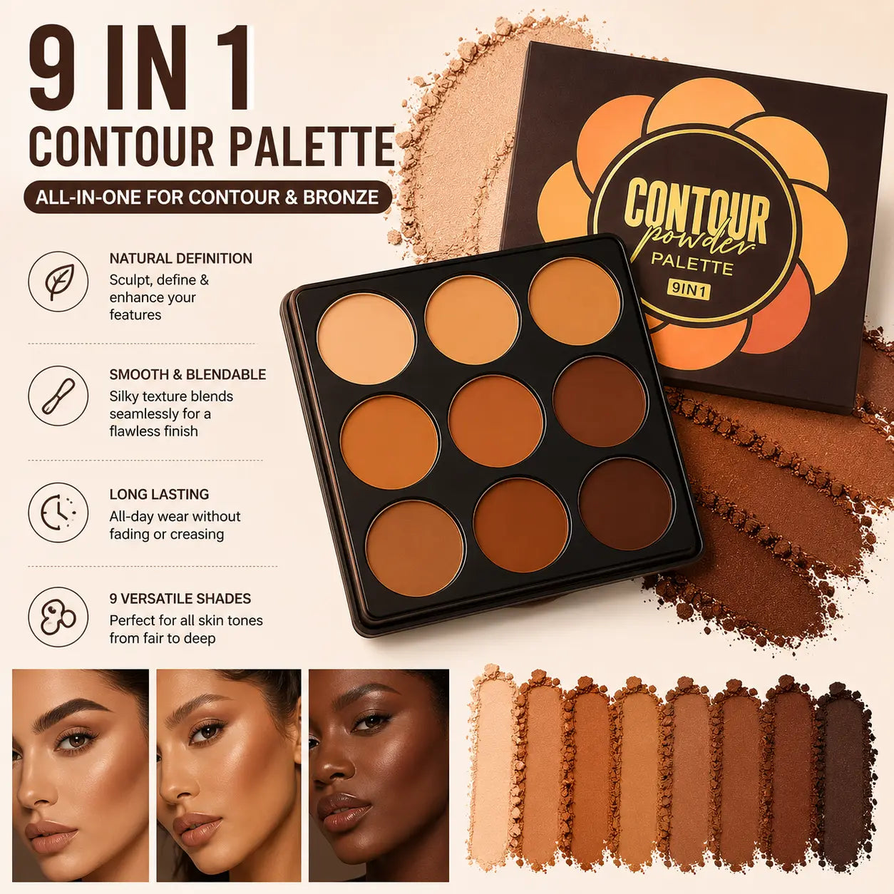 9-Color Dark Contour Palette — Full Coverage, Matte Finish, Waterproof & Long-Lasting, Natural Makeup Baked Bronzer Bronzer Highlighter