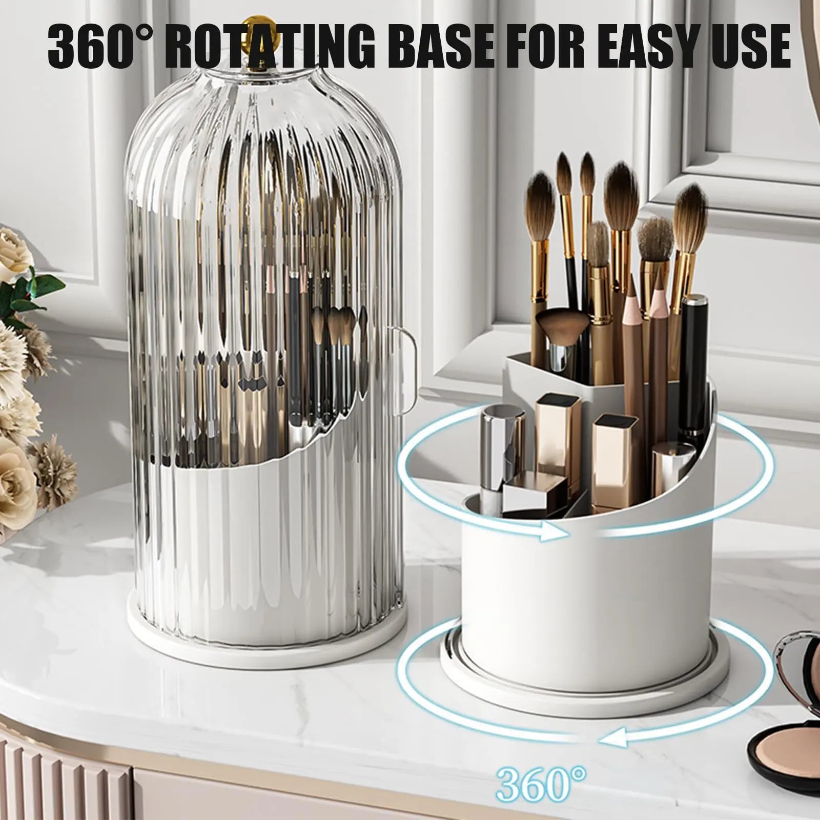 Concealed Toothbrush Holder, Rotating Bathroom Organizer Countertop, Toothbrush Holders with Cover, Bathroom Counter Organizer with Covered Makeup Brush Holder (1Pcs White)