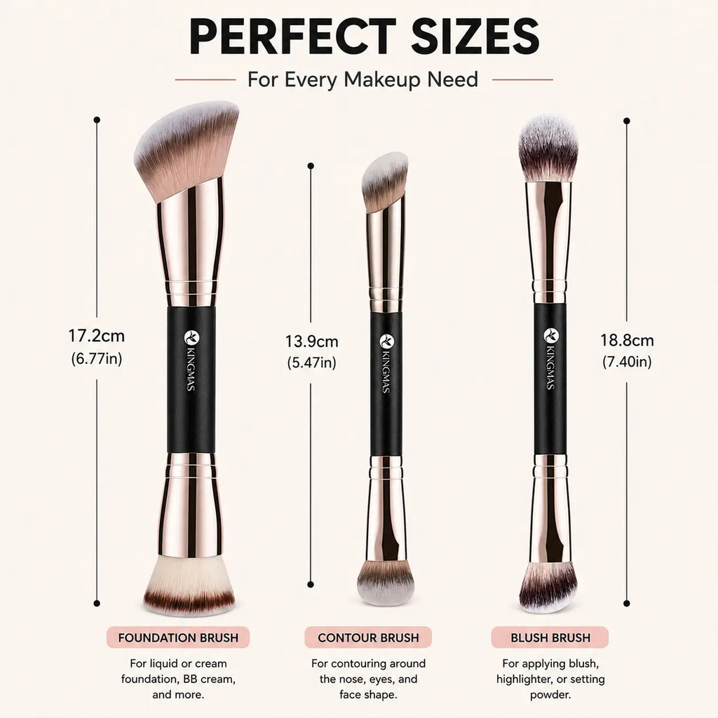 KINGMAS 3PCS Clean Girl Makeup Brush Set – Ultra Soft Dual-Ended Brushes for Flawless Blending, Foundation, Contour & Blush
