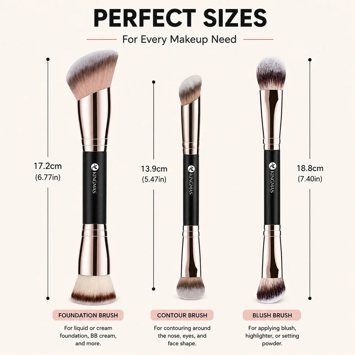 KINGMAS 3PCS Clean Girl Makeup Brush Set – Ultra Soft Dual-Ended Brushes for Flawless Blending, Foundation, Contour & Blush