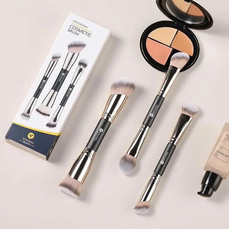 KINGMAS 3PCS Clean Girl Makeup Brush Set – Ultra Soft Dual-Ended Brushes for Flawless Blending, Foundation, Contour & Blush