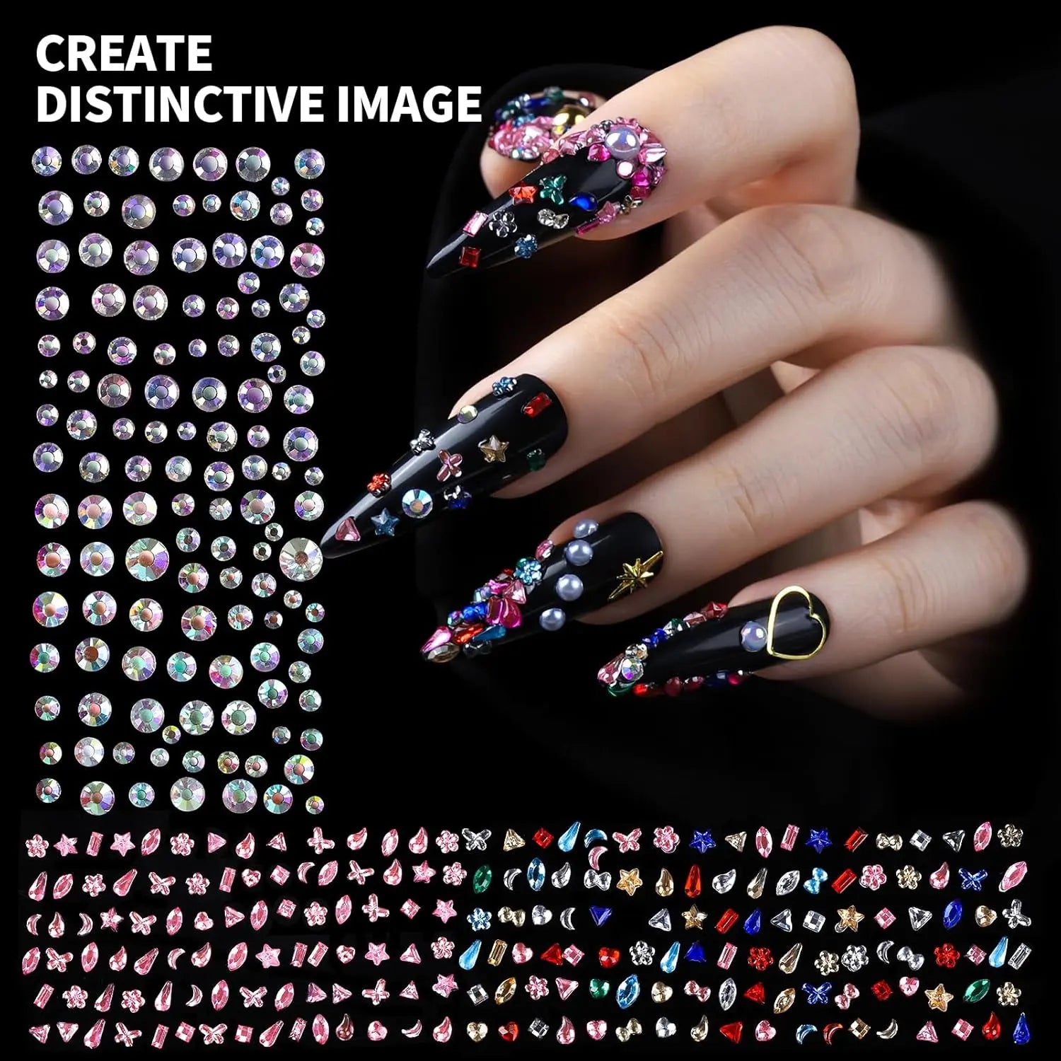 24 Grid Nail Art Decoration Set, Mixed Shapes with Pen & Tweezers, Shiny Accessories, Rhinestone Decorations for Women & Girls, Professional Manicure Supplies, DIY Nail Art, Nail Art Design