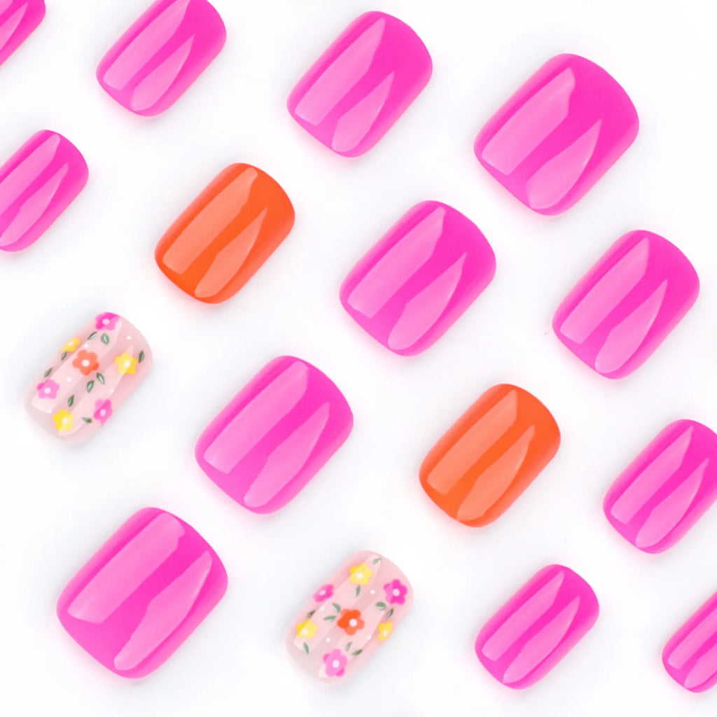 24Pcs Short Square Colorful Flower Press-On Nails, Salon Quality Nails, Easy to Apply, Durable, Daily, Party, Creative Nail Art, Includes Jelly Glue and File