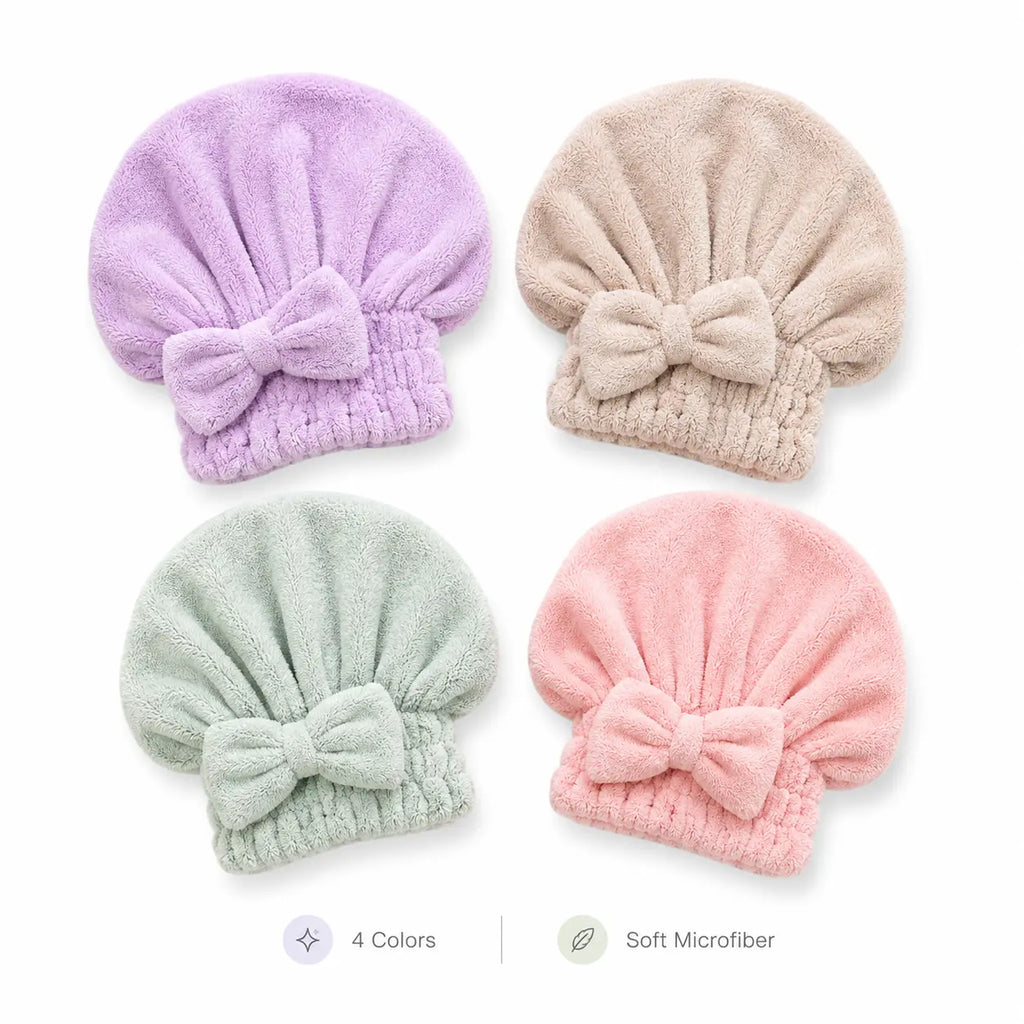 Soft Microfiber Hair Drying Cap for Women – Quick-Dry, Frizz-Free, Elastic Turban with Cute Bow, 4 Color Options for Spa, Shower & Hair Care Routine