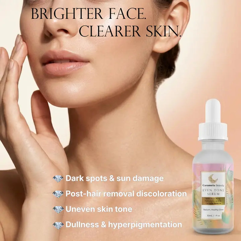 Caramela Beauty Even Tone Serum – Brightening Serum for Dark Spots & Hyperpigmentation with Kojic Acid, Hyaluronic Acid & Centella Asiatica – Radiant Healthy Glow – 1 Fl Oz / 30Ml