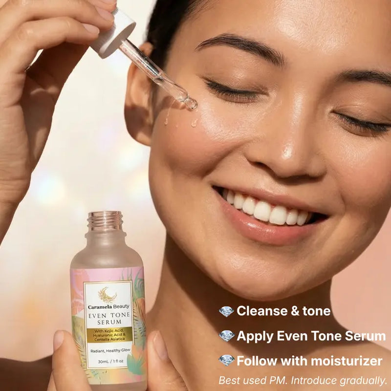 Caramela Beauty Even Tone Serum – Brightening Serum for Dark Spots & Hyperpigmentation with Kojic Acid, Hyaluronic Acid & Centella Asiatica – Radiant Healthy Glow – 1 Fl Oz / 30Ml