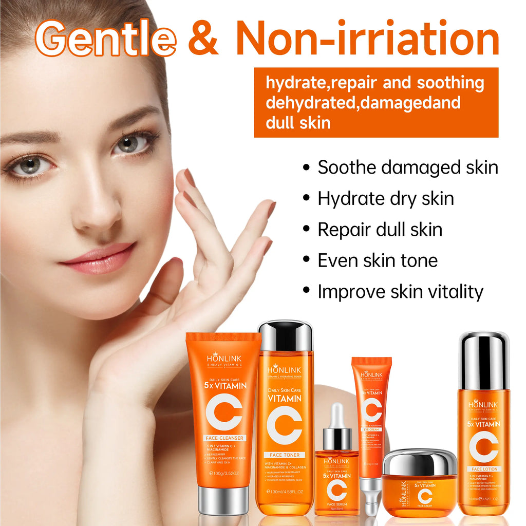 Korean 5X Vitamin C Skincare Set, 6-In-1 Skincare Gift Set with Cleanser, Toner, Serum, Lotion,Eye & Face Cream - Moisturizing Skincare Kit