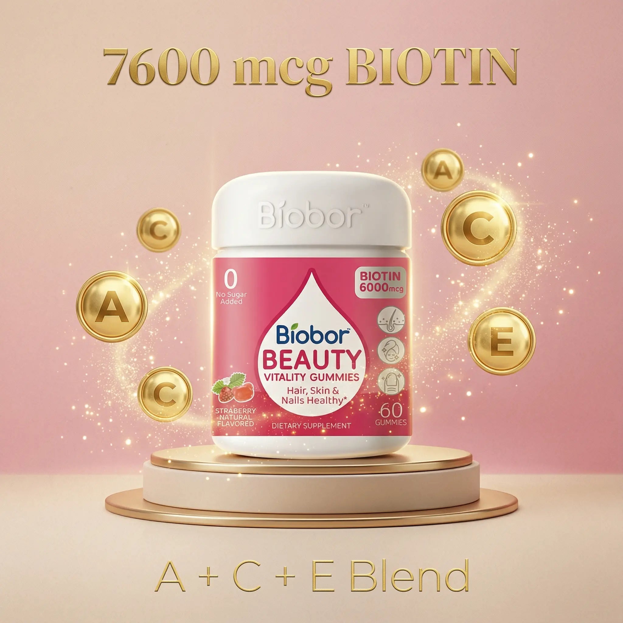 Biobor Advanced Hair, Skin & Nails Gummies with 6000 Mcg Biotin，Vitamins a C E & Patented Optimsm | Supports Hair Growth， Strengthens Nails， Improves Skin Radiance | Vegan， Wild Berry Flavor | 30 Day Supply