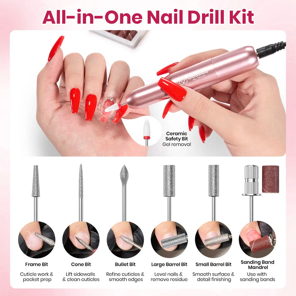 Beetles Electric Nail Drill Kit, 7 Drill Bits 0-12000 RPM Portable Electric Nail File Machine for Gel Polish Removal, Acrylic Dip Nails, Cuticle Care, Prep, DIY Manicure Pedicure Tools at Home