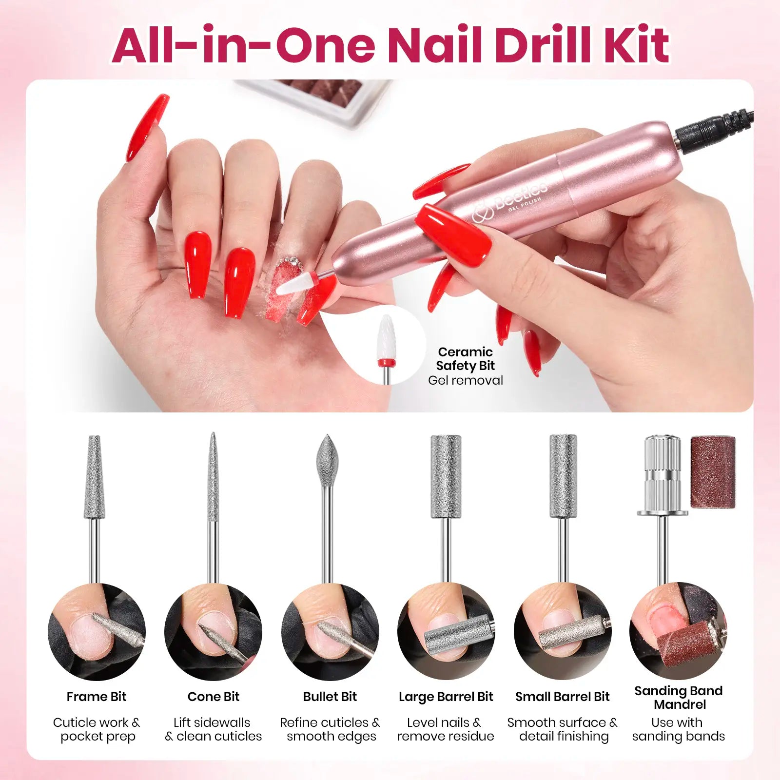Beetles Electric Nail Drill Kit, 7 Drill Bits 0-12000 RPM Portable Electric Nail File Machine for Gel Polish Removal, Acrylic Dip Nails, Cuticle Care, Prep, DIY Manicure Pedicure Tools at Home