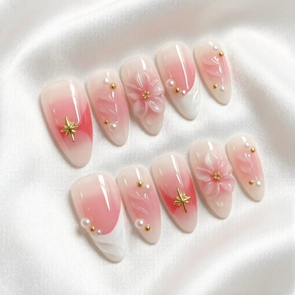 10Pcs Handmade Press on Nails Baby Pink Blush Ombre, Pearl Shimmer, Spring Summer 3D Flower Acrylic Fake Nails with Imitation Pearl Design for Women, Easy to Wear for Parties, Daily & Dancing, Nail Kit, Nail Art Tool