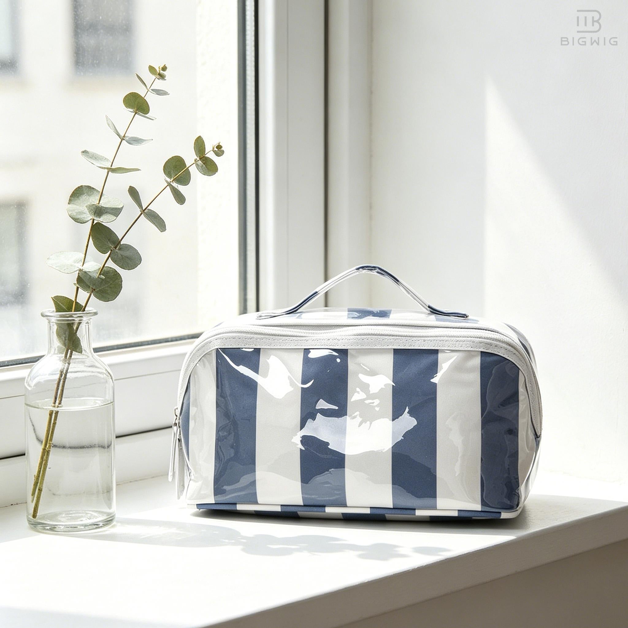 Large Capacity Striped PVC Makeup Bag, Stylish Simple Waterproof Cosmetic Organizer & Pouch, Portable Travel Toiletry Case with Top Single Handle Strap, Women'S Trendy Travel Essential, Cosmetic Pouch Summerwins, Makeup Bags, Waterproof Make-Up Bags