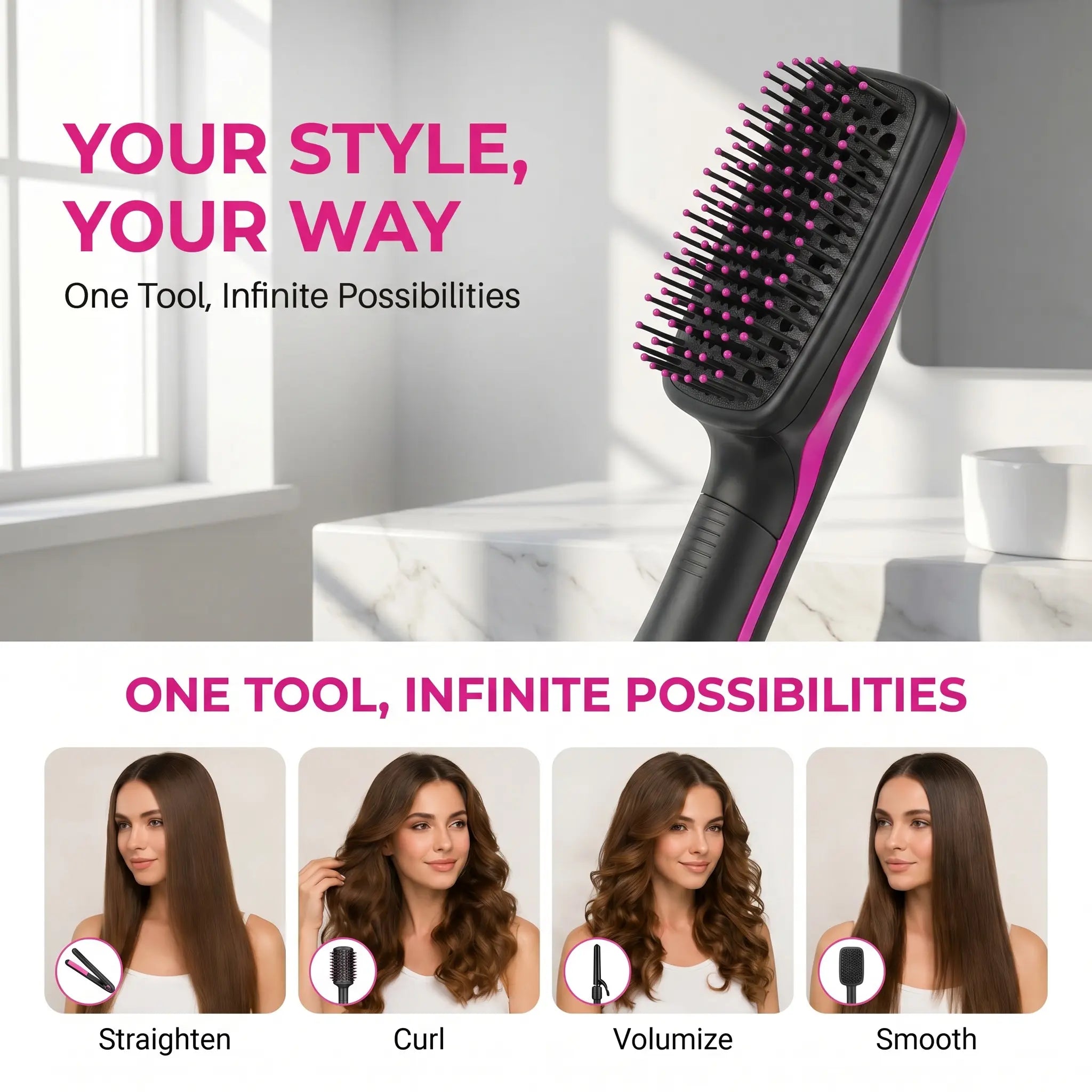 2-In-1 Hair Dryer Brush, Hot Air Brush for Curling, Straightening & Volumizing, Fast Styling Blow Dryer Brush for Smooth Frizz-Free Salon-Style Hair #Summervibes