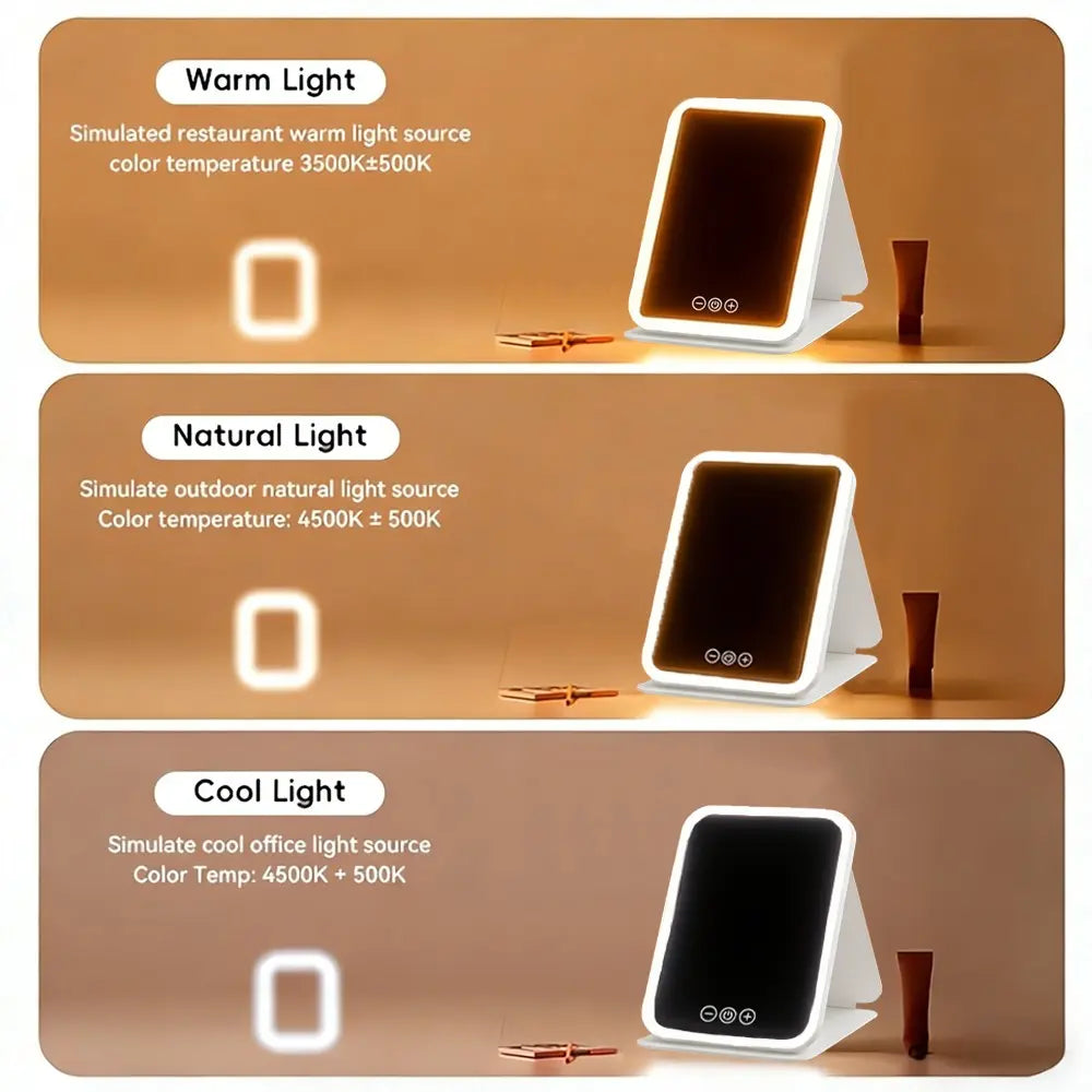 LED Makeup Mirror Rechargeable 3 Color Lights Foldable Travel Vanity Mirror with Touch Control Dimmable Rechargeable Lighted Mirror