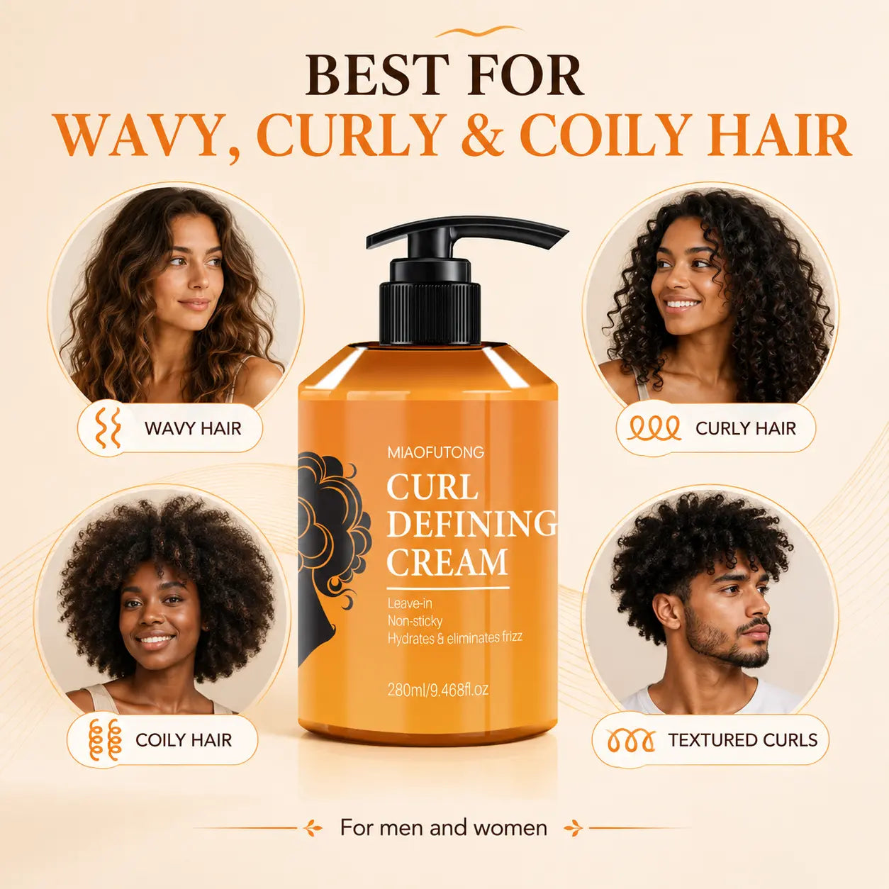 Curl Defining Cream 280Ml for Wavy & Curly Hair, Lightweight Leave-In Styling Cream Helps Smooth Frizz, Moisturize Dry-Feeling Hair, Reduce Static, Add Soft Bounce & Natural Curl Definition