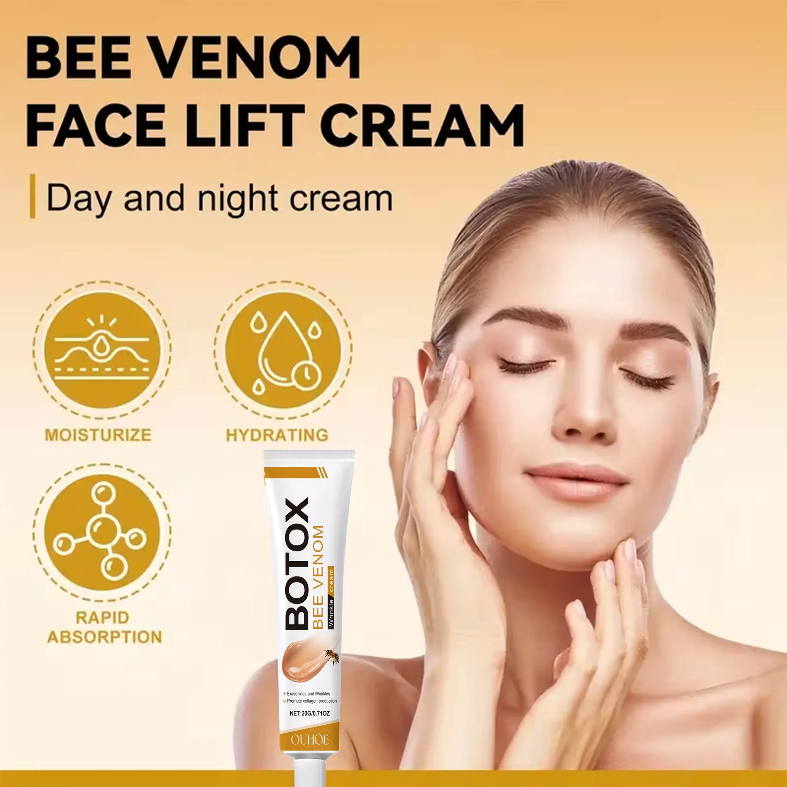 Bee Venom Facial Treatment Cream,Bee Venom Instant Face Lift Cream - 0.71 Fl. Oz,Firms and Tightens Skin,And Wrinkles,Alcohol-Free and Hyaluronic Acid Suitable for All Skin Types Gentle Firming Moisturizers Tightening