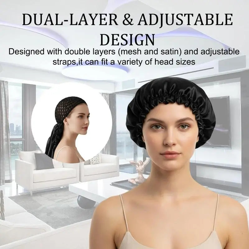 Dual-Layer Satin Hair Wrap & Airy Net Band Set, Reversible Adjustable Design for Curls, Braids & Natural Hair Care