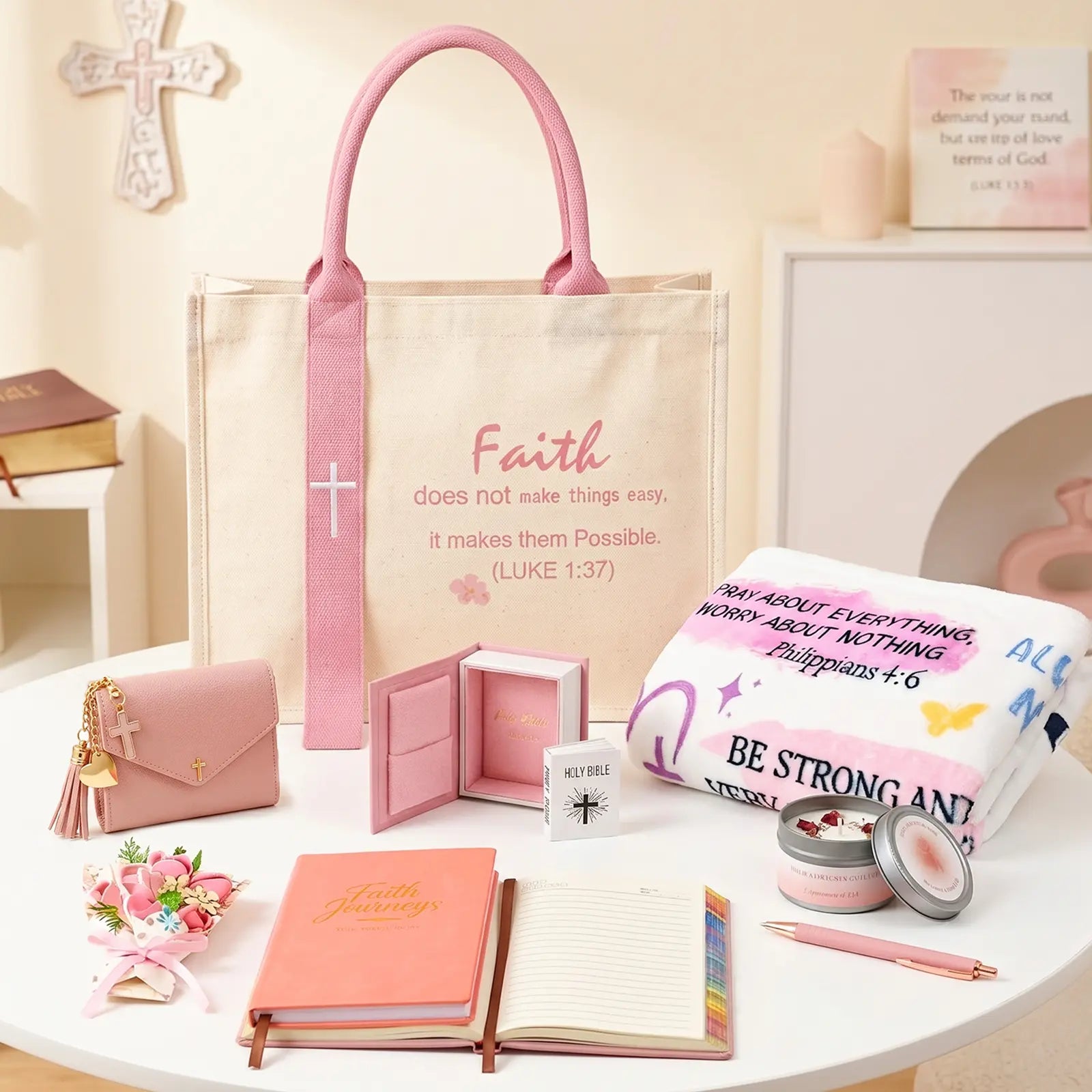 Women'S Faith & Work Gift Set — Includes: Canvas Tote Bag, Water Bottle/Throw Blanket, Notebook, Card Holder, Aromatherapy Item, and Mini Bible.,Can Be Used as Birthday, Christmas, Mother'S Day, Valentine'S Day Gifts for Family, Friends