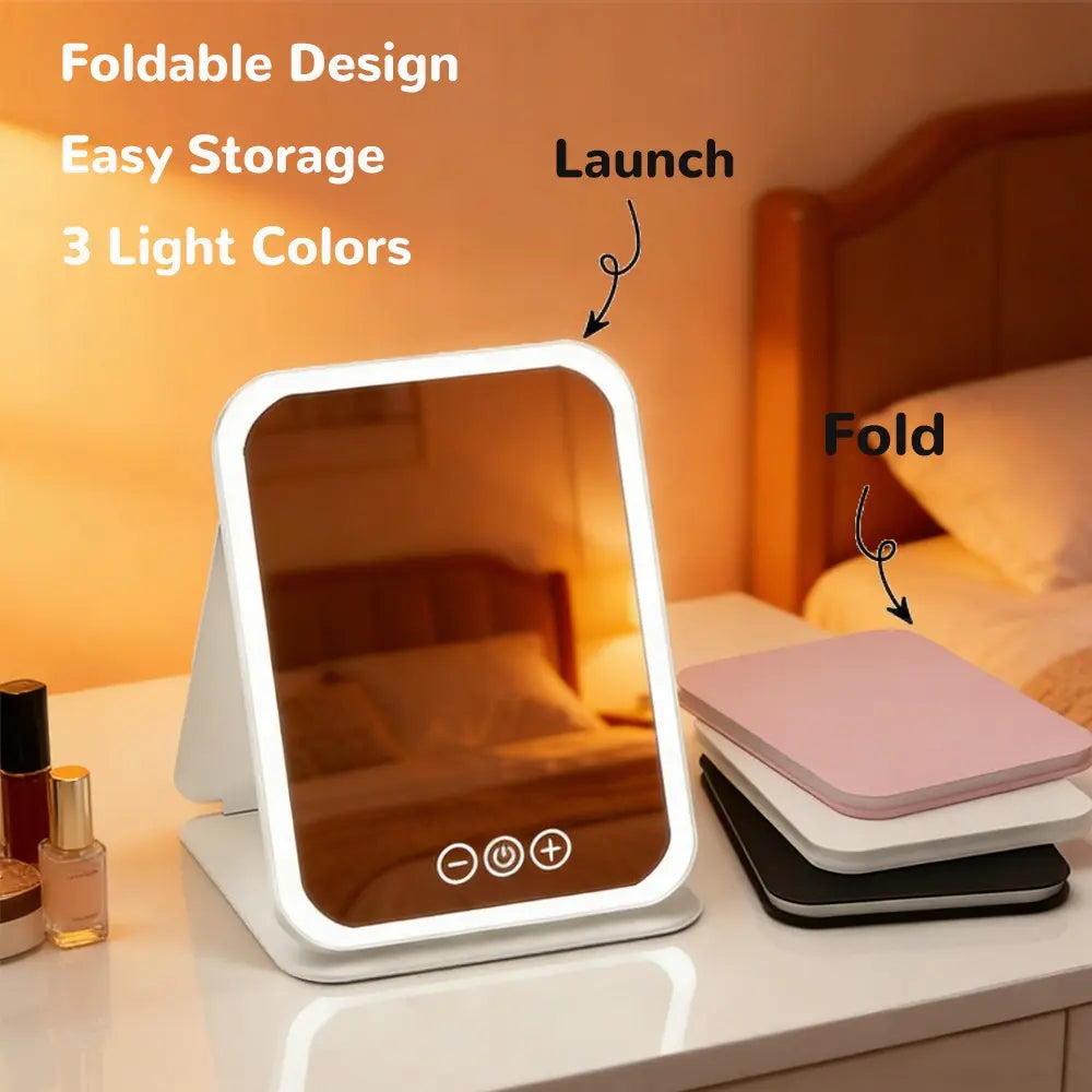 LED Makeup Mirror Rechargeable 3 Color Lights Foldable Travel Vanity Mirror with Touch Control Dimmable Rechargeable Lighted Mirror