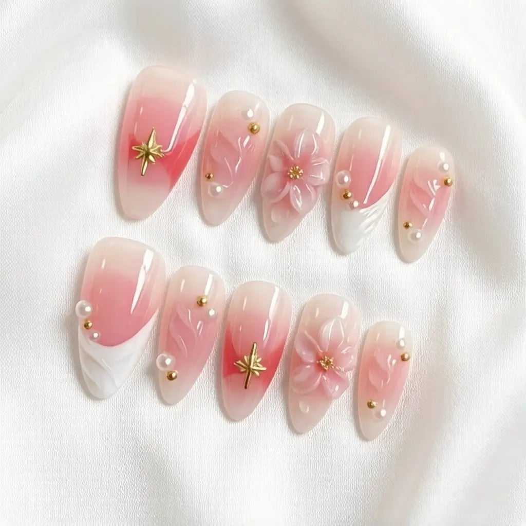 10Pcs Handmade Press on Nails Baby Pink Blush Ombre, Pearl Shimmer, Spring Summer 3D Flower Acrylic Fake Nails with Imitation Pearl Design for Women, Easy to Wear for Parties, Daily & Dancing, Nail Kit, Nail Art Tool