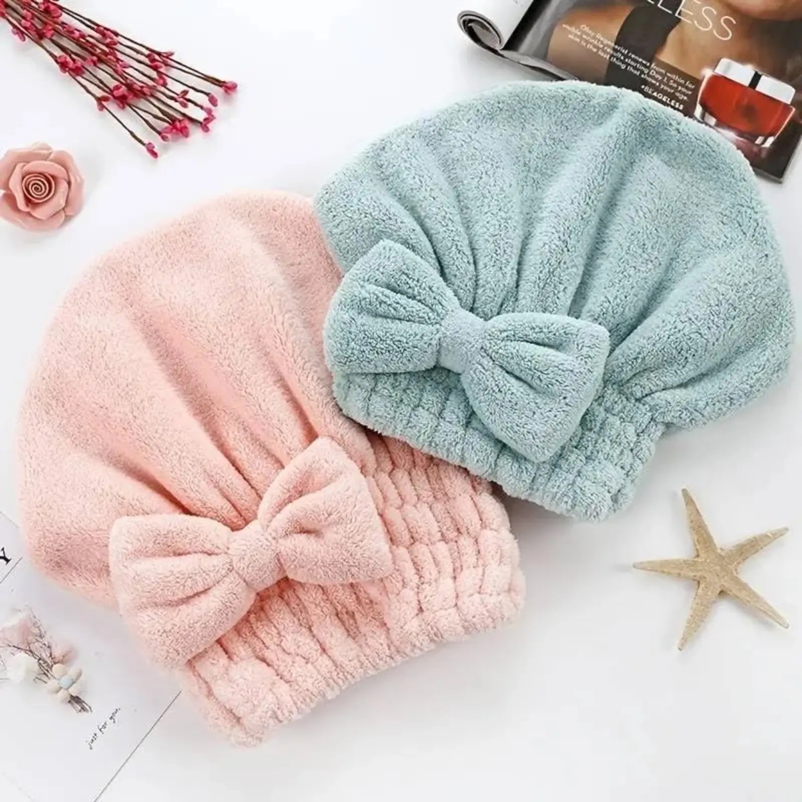 Women'S 2-Piece/4-Piece Bow Decor Shower Caps & Hair Drying Cap Set, Soft Ultra-Absorbent Reusable Hair Towel Wrap, Camping Essential Self Care Products (Sports & Outdoor)