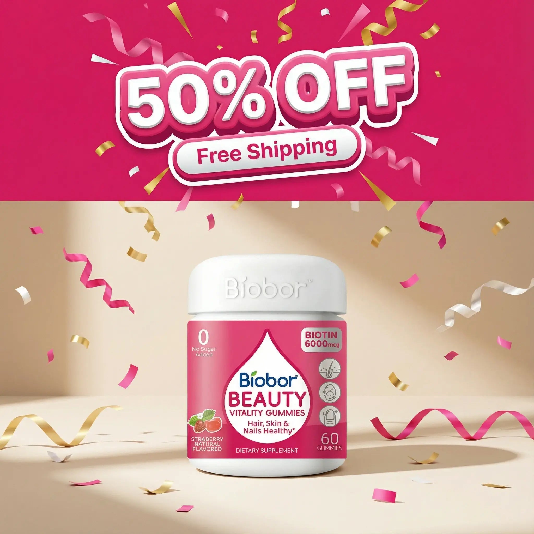 Biobor Advanced Hair, Skin & Nails Gummies with 6000 Mcg Biotin，Vitamins a C E & Patented Optimsm | Supports Hair Growth， Strengthens Nails， Improves Skin Radiance | Vegan， Wild Berry Flavor | 30 Day Supply