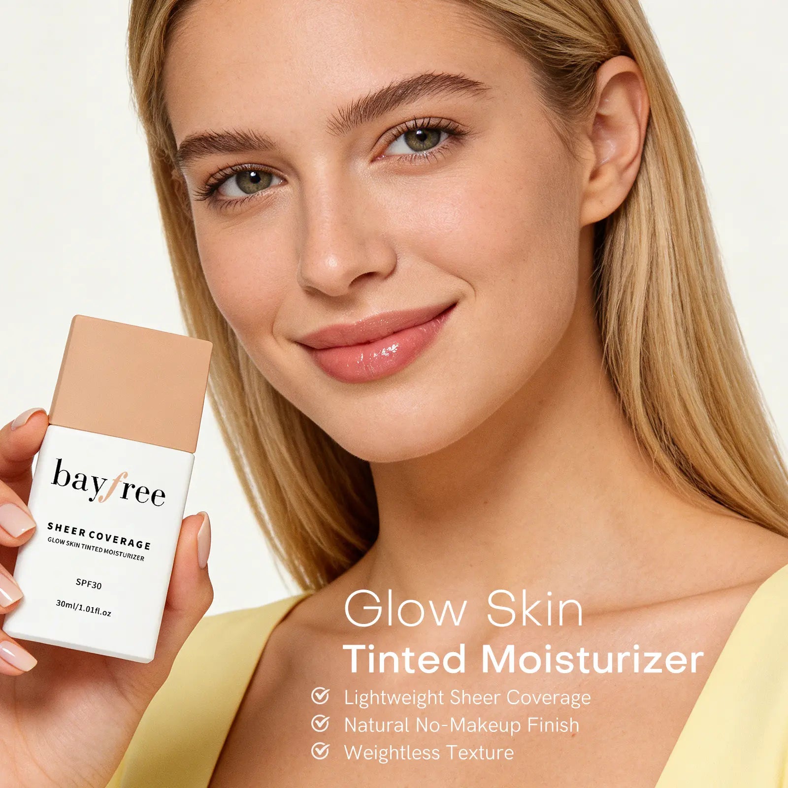 Bayfree Glow Skin Tinted Facial Moisturizer with SPF 30 Sunscreen - Hydrating, Sheer Coverage, Long-Lasting Moisture, Buildable Flawless Natural Finish, Vegan Korean Beauty Product for Sensitive Skin