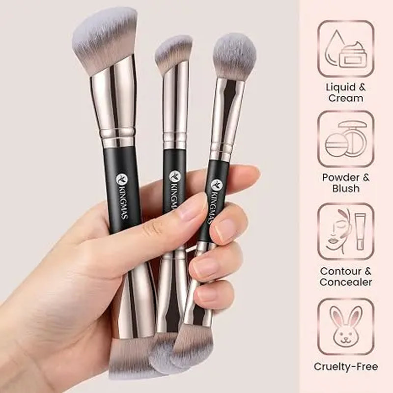 KINGMAS 3PCS Clean Girl Makeup Brush Set – Ultra Soft Dual-Ended Brushes for Flawless Blending, Foundation, Contour & Blush