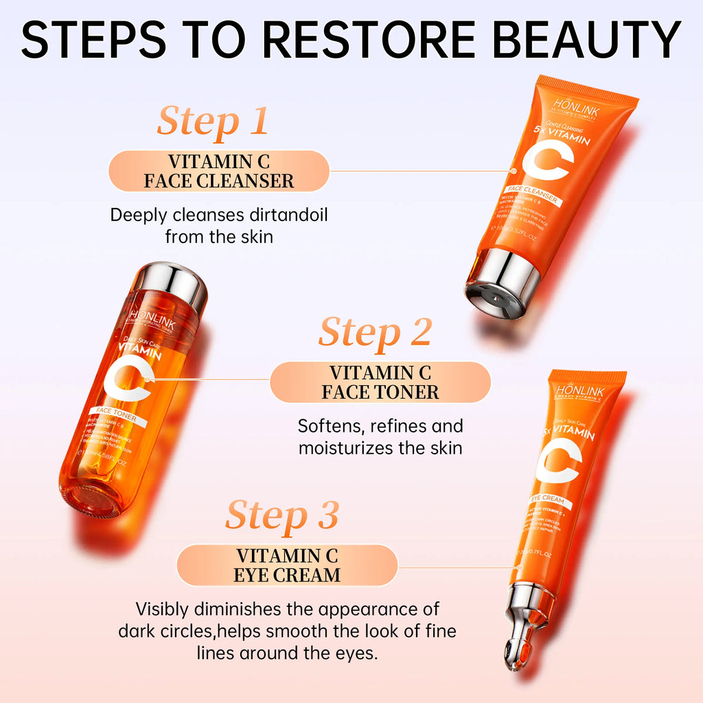 Korean 5X Vitamin C Skincare Set, 6-In-1 Skincare Gift Set with Cleanser, Toner, Serum, Lotion,Eye & Face Cream - Moisturizing Skincare Kit