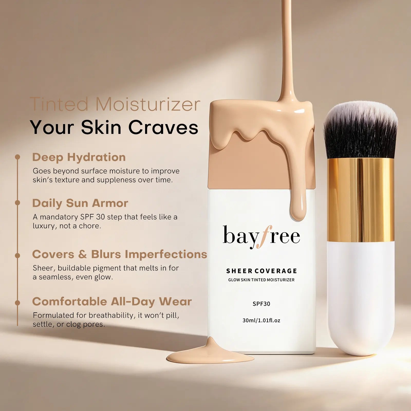 Bayfree Glow Skin Tinted Facial Moisturizer with SPF 30 Sunscreen - Hydrating, Sheer Coverage, Long-Lasting Moisture, Buildable Flawless Natural Finish, Vegan Korean Beauty Product for Sensitive Skin