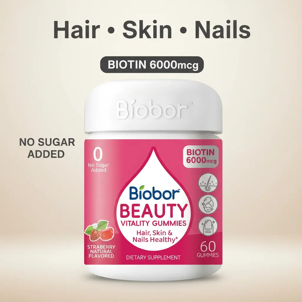 Biobor Advanced Hair, Skin & Nails Gummies with 6000 Mcg Biotin，Vitamins a C E & Patented Optimsm | Supports Hair Growth， Strengthens Nails， Improves Skin Radiance | Vegan， Wild Berry Flavor | 30 Day Supply