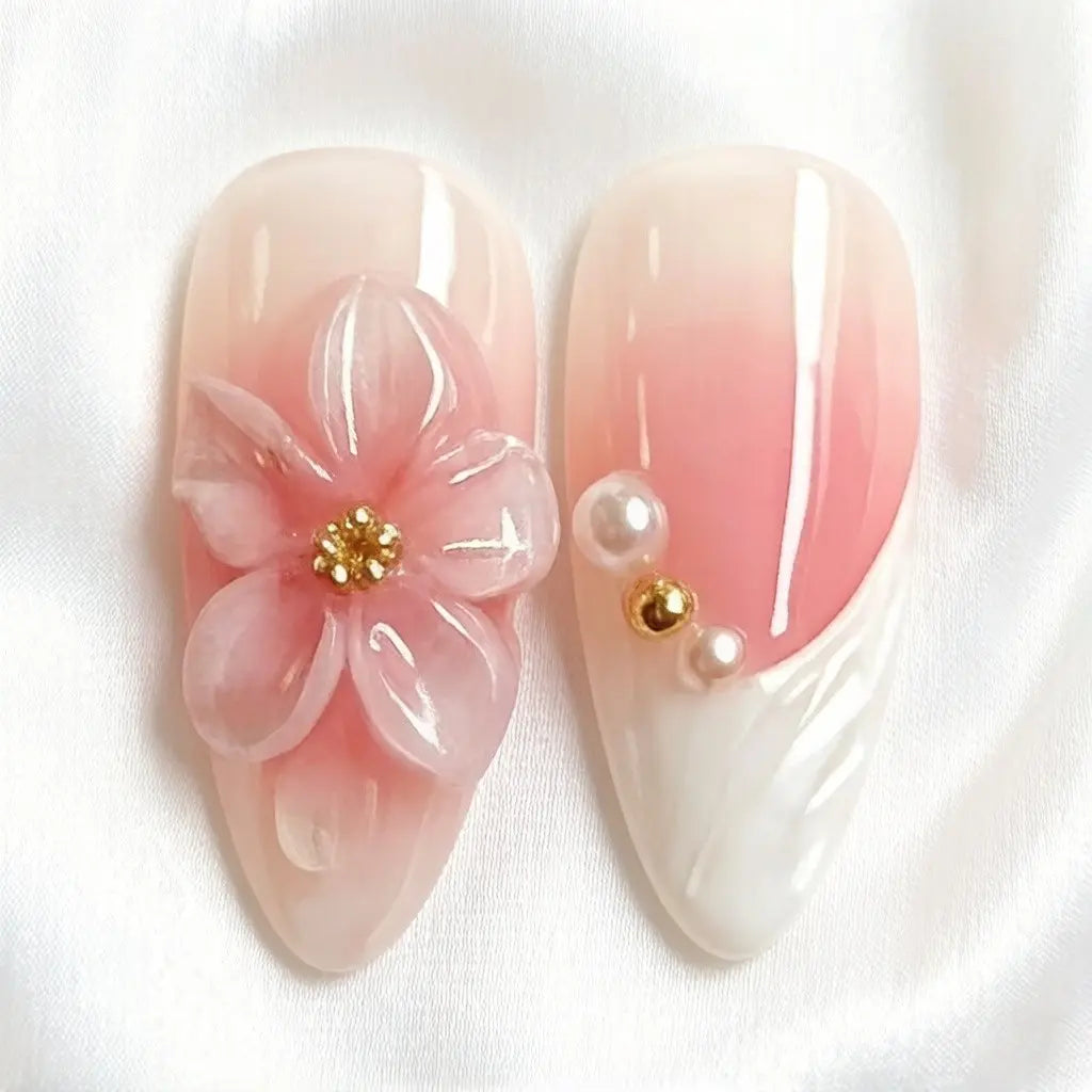 10Pcs Handmade Press on Nails Baby Pink Blush Ombre, Pearl Shimmer, Spring Summer 3D Flower Acrylic Fake Nails with Imitation Pearl Design for Women, Easy to Wear for Parties, Daily & Dancing, Nail Kit, Nail Art Tool