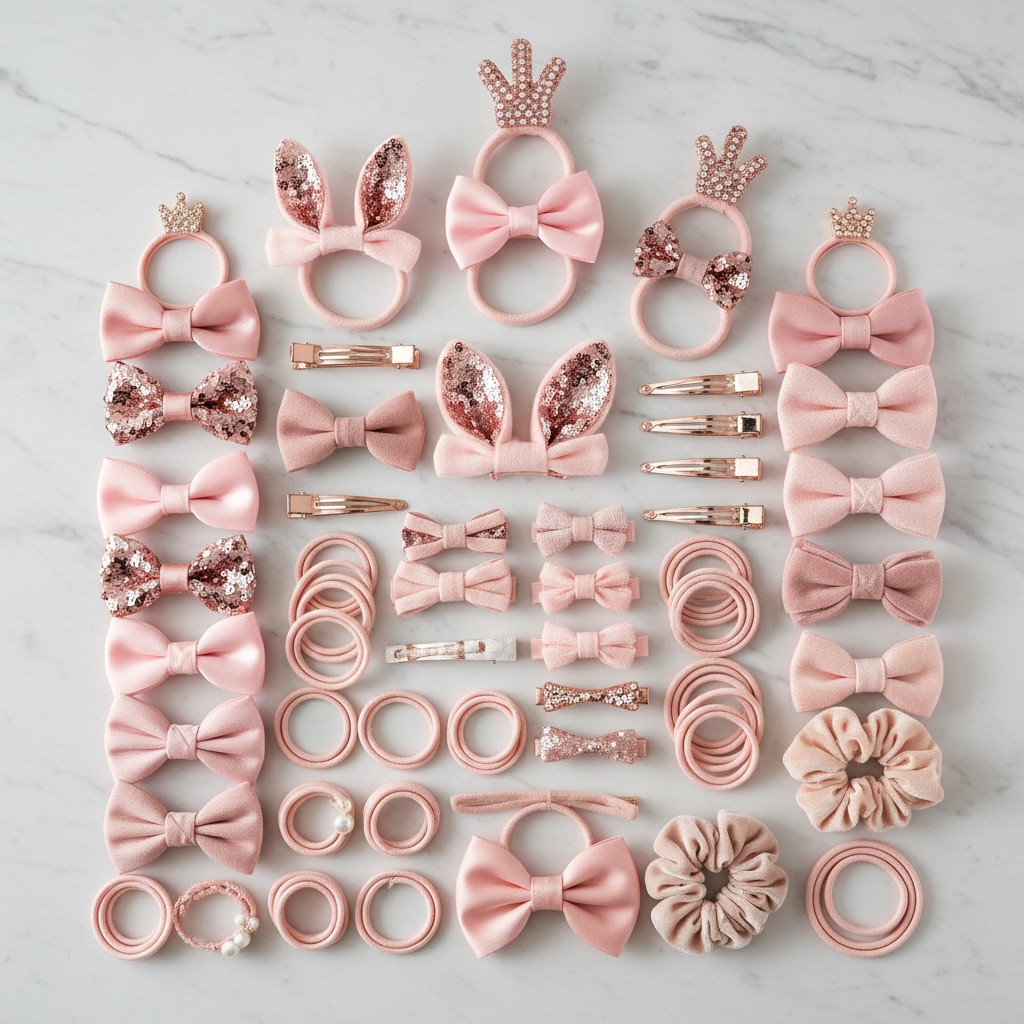718Pcs/Set Girls' Pink Bowknot Hair Clips, Cute Princess Hair Accessories, High Elastic Durable Non-Damaging Hair Ties, Hair Bands, Rabbit Ear Hair Rings, Versatile Duck Clip Barrettes, Suitable for Daily Use, Hair Accessories Sets, Elastic Hair Accessory