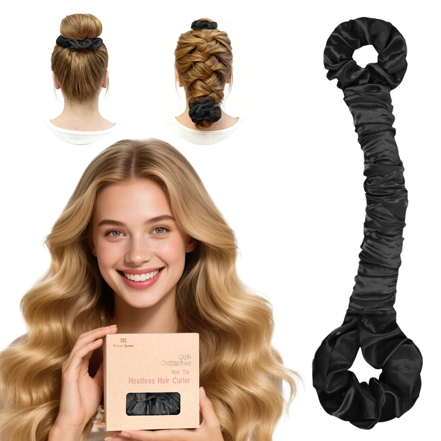 BONNET QUEEN Multi-Function Satin Heatless Hair Curler & Hair Tie Non-Heating Hair Roller Curling Rod with Scrunchie, Large, Champagne(For Big Curls), Hair Curling Rods Outdoorfun,Summervibes