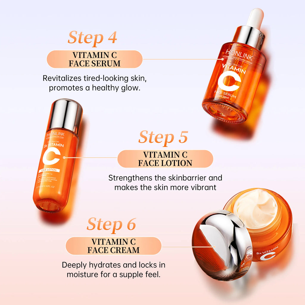 Korean 5X Vitamin C Skincare Set, 6-In-1 Skincare Gift Set with Cleanser, Toner, Serum, Lotion,Eye & Face Cream - Moisturizing Skincare Kit