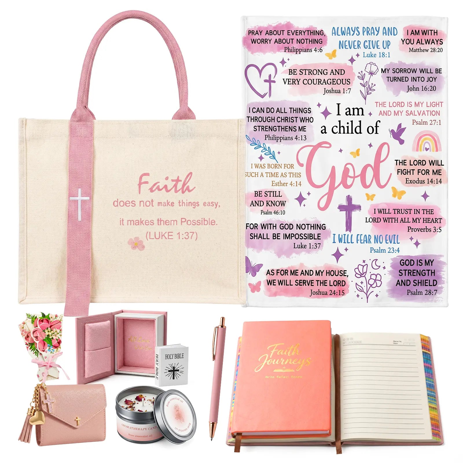 Women'S Faith & Work Gift Set — Includes: Canvas Tote Bag, Water Bottle/Throw Blanket, Notebook, Card Holder, Aromatherapy Item, and Mini Bible.,Can Be Used as Birthday, Christmas, Mother'S Day, Valentine'S Day Gifts for Family, Friends