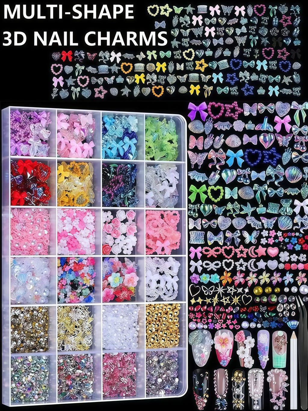24 Grid Nail Art Decoration Set, Mixed Shapes with Pen & Tweezers, Shiny Accessories, Rhinestone Decorations for Women & Girls, Professional Manicure Supplies, DIY Nail Art, Nail Art Design