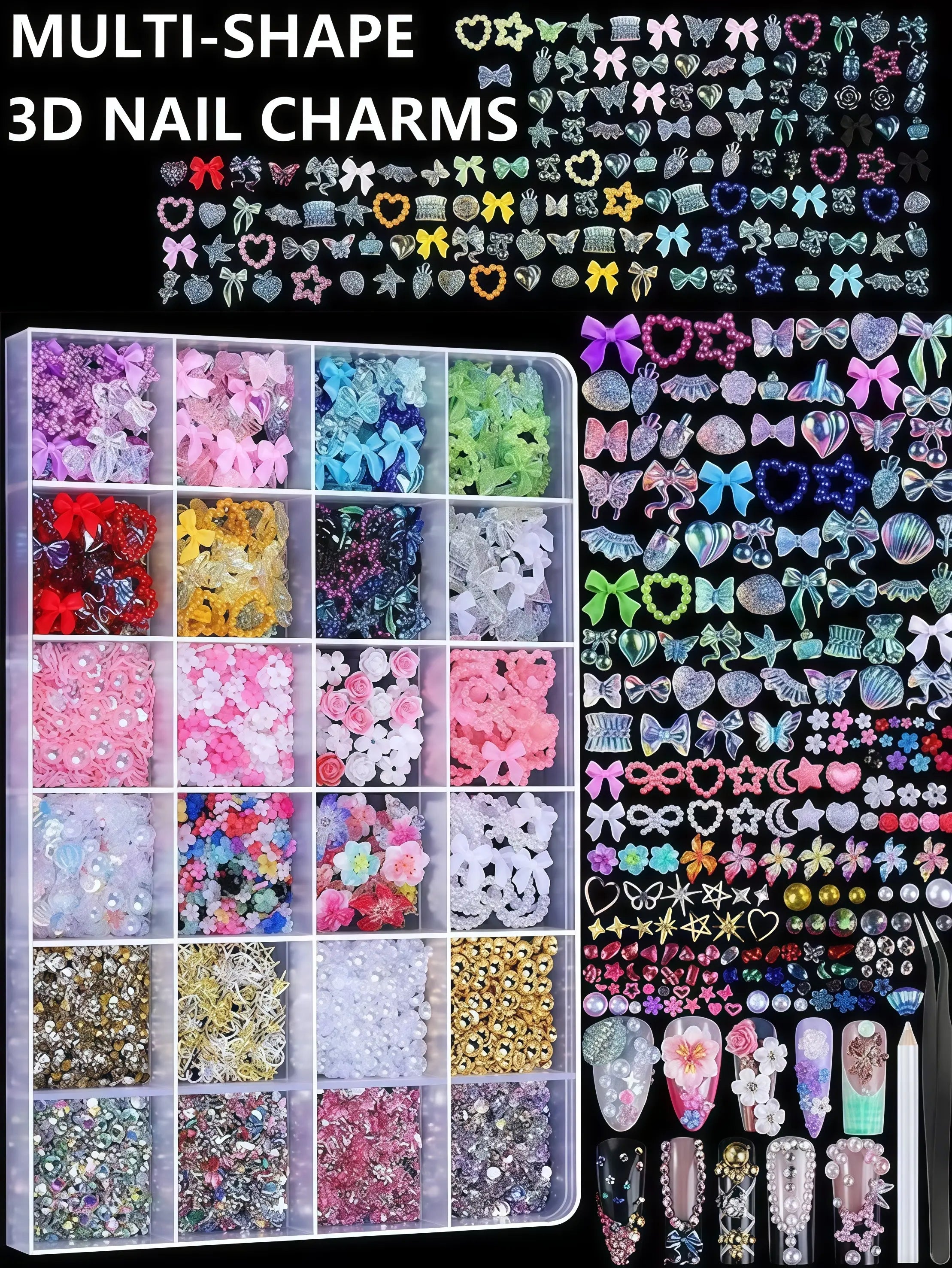 24 Grid Nail Art Decoration Set, Mixed Shapes with Pen & Tweezers, Shiny Accessories, Rhinestone Decorations for Women & Girls, Professional Manicure Supplies, DIY Nail Art, Nail Art Design