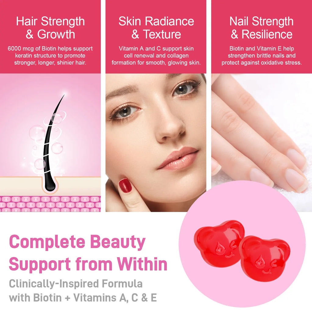 Biobor Advanced Hair, Skin & Nails Gummies with 6000 Mcg Biotin，Vitamins a C E & Patented Optimsm | Supports Hair Growth， Strengthens Nails， Improves Skin Radiance | Vegan， Wild Berry Flavor | 30 Day Supply