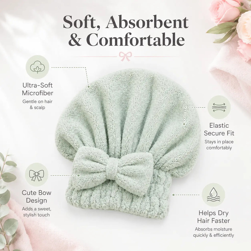 Soft Microfiber Hair Drying Cap for Women – Quick-Dry, Frizz-Free, Elastic Turban with Cute Bow, 4 Color Options for Spa, Shower & Hair Care Routine