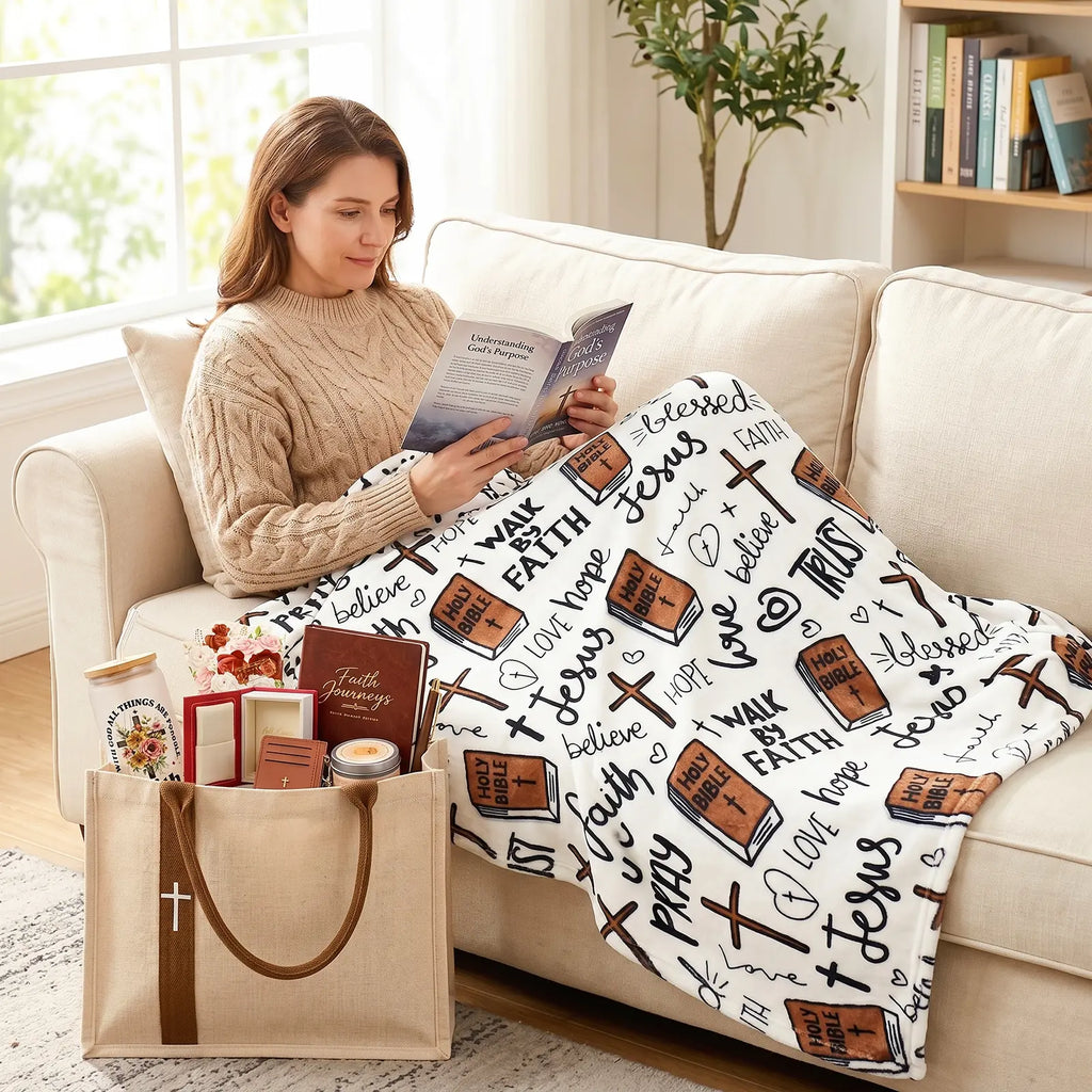Women'S Faith & Work Gift Set — Includes: Canvas Tote Bag, Water Bottle/Throw Blanket, Notebook, Card Holder, Aromatherapy Item, and Mini Bible.,Can Be Used as Birthday, Christmas, Mother'S Day, Valentine'S Day Gifts for Family, Friends