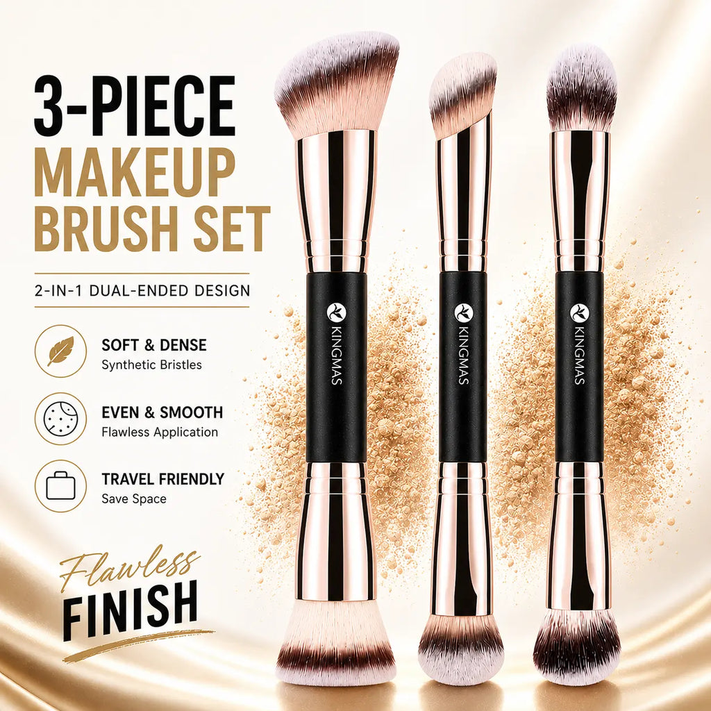 KINGMAS 3PCS Clean Girl Makeup Brush Set – Ultra Soft Dual-Ended Brushes for Flawless Blending, Foundation, Contour & Blush