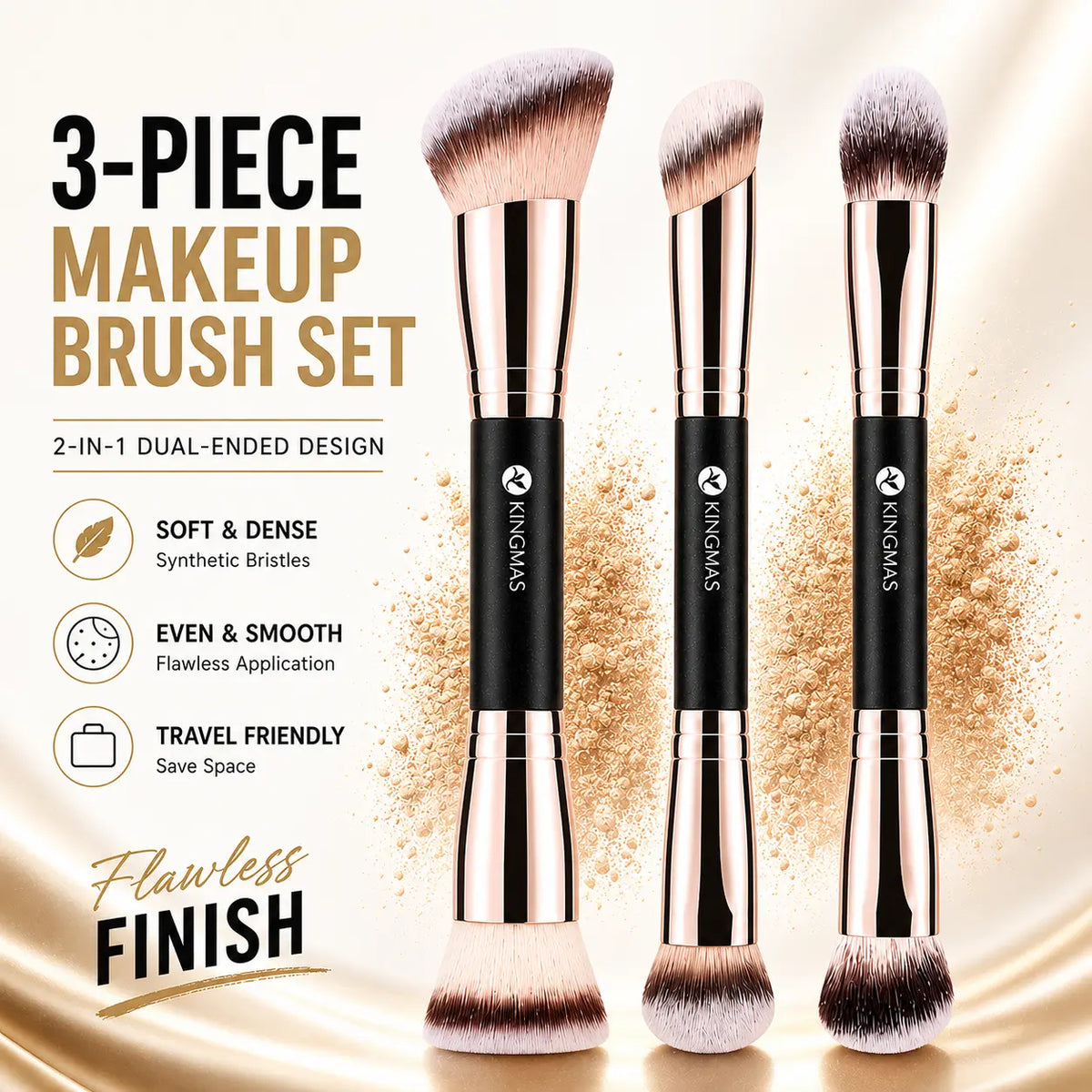 KINGMAS 3PCS Clean Girl Makeup Brush Set – Ultra Soft Dual-Ended Brushes for Flawless Blending, Foundation, Contour & Blush