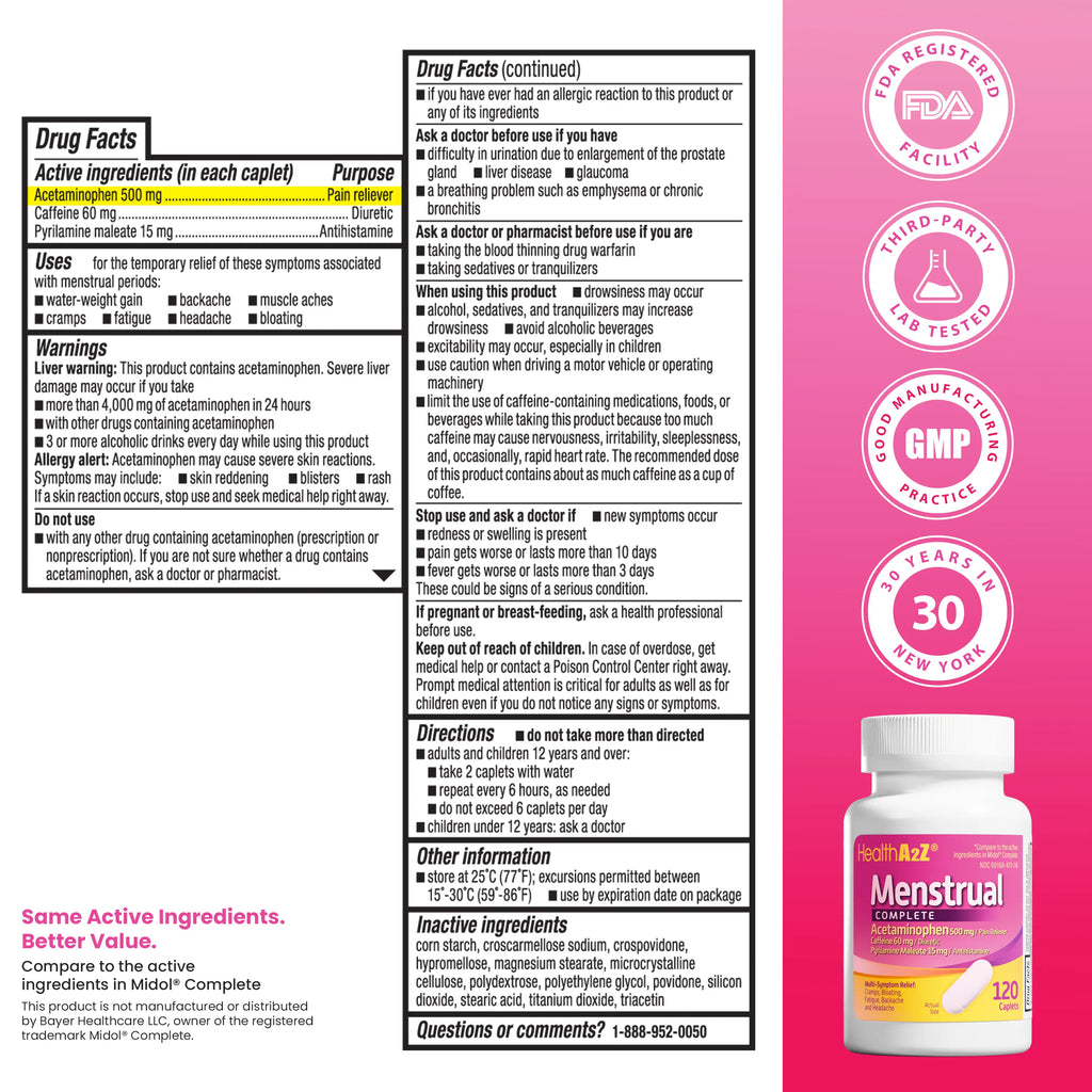 Healtha2Z Menstrual Complete Pain Relief Tablets | Relieves Cramps, Bloating, Fatigue, Backache & Headache