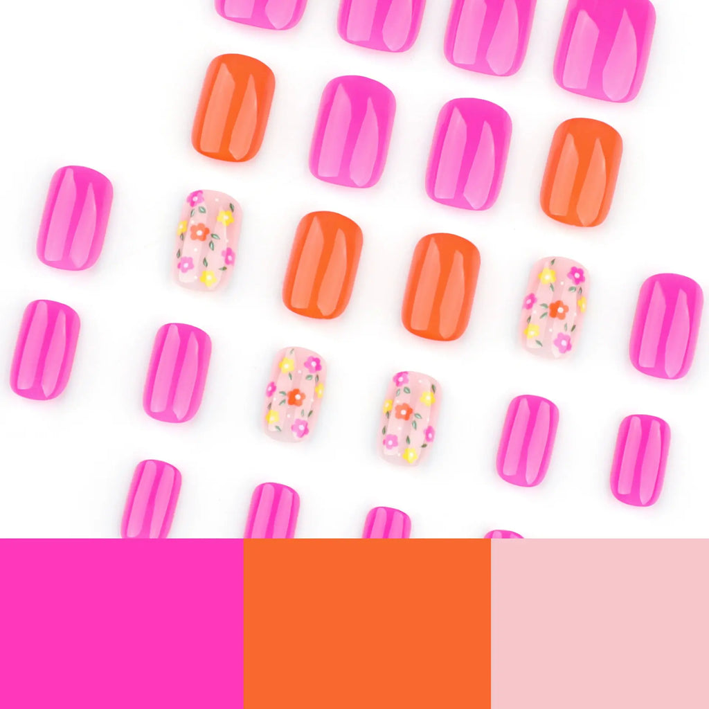 24Pcs Short Square Colorful Flower Press-On Nails, Salon Quality Nails, Easy to Apply, Durable, Daily, Party, Creative Nail Art, Includes Jelly Glue and File